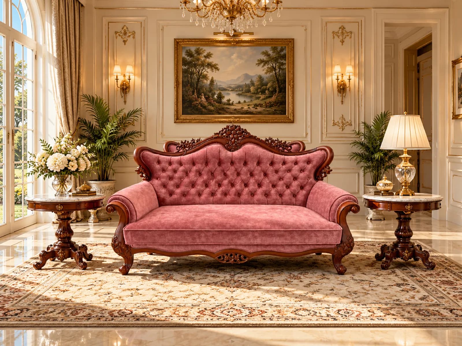 Carved teak sofa in rose velvet with marble-top side tables