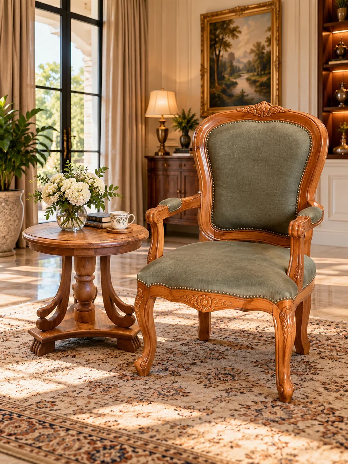 Carved teak armchair in green velvet with a round side table